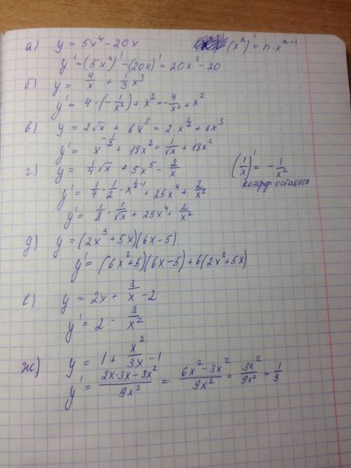 Найти производную функции(подробно): а) у=5x^4-20x б) у=4/x+1/3 * x^3 в) у=2√x + 6x^3 г) у= 1/4√x +