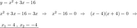 y=x^2+3x-16\\\\x^2+3x-16=3x\; \; \Rightarrow \; \; \; x^2-16=0\; \; \Rightarrow \; \; \; (x-4)(x+4)=0\; \; \Rightarrow \\\\\underline {\; x_1=4\; ,\; x_2=-4\; }