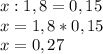 x:1,8=0,15\\x=1,8*0,15\\x=0,27