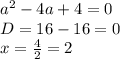 a^2-4a+4=0\\D=16-16=0\\x=\frac{4}{2} =2