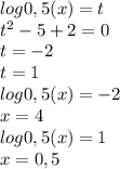 log0,5(x)=t\\t^2-5+2=0\\t=-2\\t=1\\log0,5(x)=-2\\x=4\\log0,5(x)=1\\x=0,5