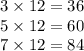 3 \times 12 = 36 \\ 5 \times 12 = 60 \\ 7 \times 12 = 84