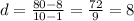 d=\frac{80-8}{10-1}=\frac{72}{9}=8