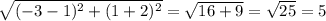 \sqrt{(-3-1)^{2}+(1+2)^{2} } = \sqrt{16+9}=\sqrt{25}=5