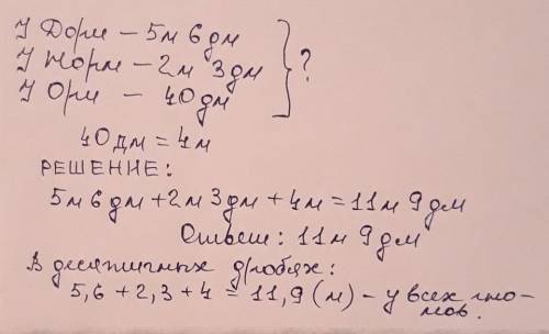 Реши задачу: Гномы пряли пряжу. У Дори пряжа длиной 5 м 6 дм, у Норм пряжа 2 м 3 дм, у Ори пряжа 40