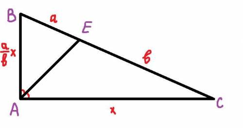 Из вершины прямого угла проведена биссектриса, делящая гипотенузу на отрезки а и b. Чему равна эта б
