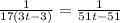 \frac{1}{17(3t-3)}=\frac{1}{51t-51}