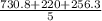 \frac{730.8 + 220 + 256.3}{5}