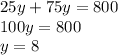 25y + 75y = 800 \\ 100y = 800 \\ y = 8