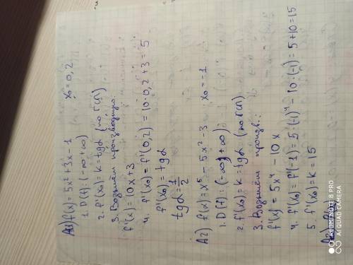 А1.найдите тангенс угла наклона касательной к графику функции f(x)=5x^2+3x-1 в точке с абсциссой x0=