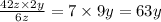 \frac{42z \times 2y}{6z} = 7 \times 9y = 63y