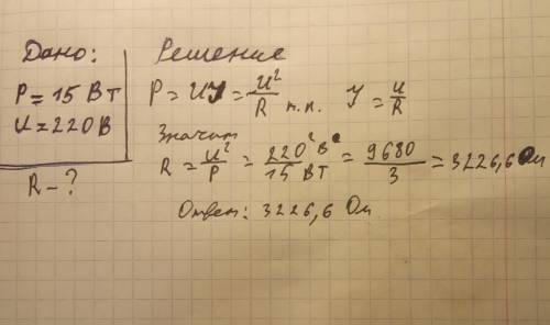 На лампочке накаливания написано «220 В; 15 Вт». Вычисли электрическое сопротивление лампочки