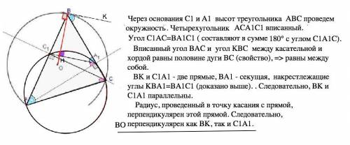 В остроугольном треугольнике вписанном в окружность с центром в точке О проведены высоты СС1 и AA1.