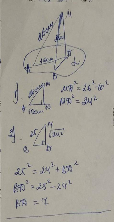 З точки до прямої проведено дві похилі завдовжки 26 і 25 см. Проекція першої на пряму дорівнює 10 см