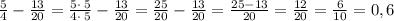 \frac{5}{4}-\frac{13}{20}=\frac{5\cdot \:5}{4\cdot \:5}-\frac{13}{20}=\frac{25}{20}-\frac{13}{20}=\frac{25-13}{20}=\frac{12}{20}=\frac{6}{10}=0,6