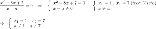 \dfrac{x^2-8x+7}{x-a}=0\; \; \; \Rightarrow \; \; \; \left\{\begin{array}{l}x^2-8x+7=0\\x-a\ne 0\end{array}\right\; \; \; \left\{\begin{array}{l}x_1=1\; ,\; x_2=7\; (teor.\; Vieta)\\x\ne a\end{array}\right\\\\\\\Rightarrow \; \; \left\{\begin{array}{l}x_1=1\; ,\; x_2=7\\a\ne 1\; ,\; a\ne 7\end{array}\right