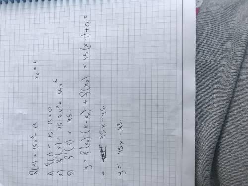 Знайдіть рівняння дотичної до графіка функції f(x)=15x³-15x в точці з абсцисою x0=1