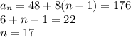 a_n=48+8(n-1)=176\\6+n-1=22\\n=17