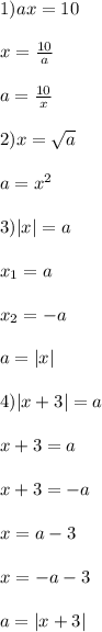 1) ax = 10\\\\x = \frac{10}{a}\\\\a = \frac{10}x\\\\2) x = \sqrt{a}\\\\a = x^2\\\\3) |x| = a\\\\x_1 = a\\\\x_2 = -a\\\\a = |x|\\\\4) |x+3| = a\\\\x + 3 = a\\\\x + 3 = -a\\\\x = a - 3\\\\x = -a - 3\\\\a = |x+3|