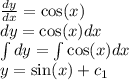 \frac{dy}{dx} = \cos(x) \\ dy = \cos(x) dx \\ \int dy = \int \cos(x) dx \\ y = \sin(x) + c_{1} \\