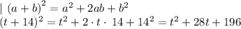 |\: \left(a+b\right)^2=a^2+2ab+b^2\\(t+14) ^2=t^2+2\cdot t\cdot \:14+14^2=t^2+28t+196