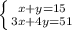 \left \{ {{x +y=15} \atop {3x + 4y=51}} \right.