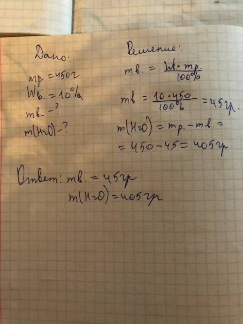 добрые люди Вычислите массу растворенного вещества и воды' если масса раствора 450г и массовая доля