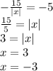 -\frac{15}{|x|} =-5\\\frac{15}{5} =|x|\\3=|x|\\x=3\\x=-3