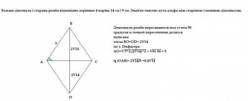 Більша діагональ і сторона ромба відповідно дорівнює 4 корінь 14 см і 9 см .Знайти тангенс кута альф