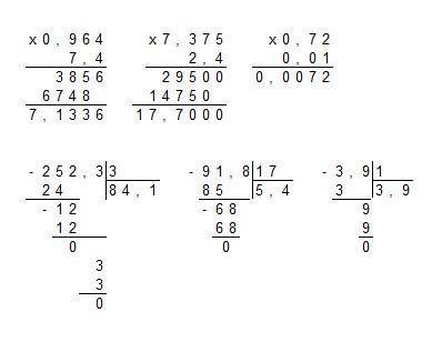 1. Выполните действия: а) 0,964 · 7,4; г) 25,23 : 0,3; б) 2,4 · 7,375; д) 0,0918 : 0,017; в) 0,72 ·