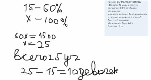 Пример: ЗАПИСАТЬ В ТЕТРАДЬ• В классе 15 мальчиков, что составляет 60 % от общего количестваучащихся