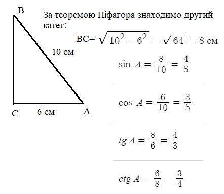 В треугольнике АВС угол С – прямой. АВ = 10 см, АС = 6 см. Найдите: 1) сторону ВС 2) sinA, 3) cosA,