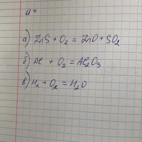 Закінчити рівняння реакцій: а) ZnS + O 2 = ; б) Al + O 2 = ; в) H 2 + O 2 = .