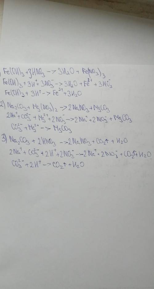 Задание 1 : составить полное и сокращенное ионное уравнение Fe(OH)3 + 3HNO3 = Na2CO3 + Mg(NO3)2 =