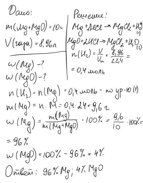 Смесь магния и оксида магния массой 10 г обработали избытком соляной кислоты. Выделился газ объемом