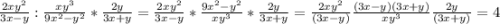 \frac{2xy^2}{3x-y}:\frac{xy^3}{9x^2-y^2}*\frac{2y}{3x+y} =\frac{2xy^2}{3x-y}*\frac{9x^2-y^2}{xy^3}* \frac{2y}{3x+y}=\frac{2xy^2}{(3x-y)}\frac{(3x-y)(3x+y)}{xy^3}\frac{2y}{(3x+y)}= 4