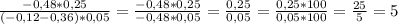 \frac{-0,48*0,25}{(-0,12-0,36)*0,05} =\frac{-0,48*0,25}{-0,48*0,05} =\frac{0,25}{0,05} =\frac{0,25*100}{0,05*100} = \frac{25}{5}=5