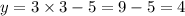 y = 3 \times 3 - 5 = 9 - 5 = 4