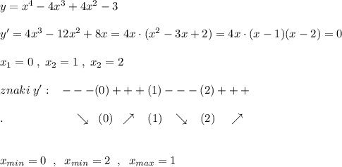 y=x^4-4x^3+4x^2-3\\\\y'=4x^3-12x^2+8x=4x\cdot (x^2-3x+2)=4x\cdot (x-1)(x-2)=0\\\\x_1=0\; ,\; x_2=1\; ,\; x_2=2\\\\znaki\; y':\; \; \; ---(0)+++(1)---(2)+++\\\\.\qquad \qquad \qquad \searrow\; \; (0)\; \; \nearrow \; \; \; (1)\; \; \; \searrow \; \; \; (2)\; \; \; \; \nearrow \\\\\\x_{min}=0\; \; ,\; \; x_{min}=2\; \; ,\; \; x_{max}=1