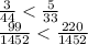 \frac{3}{44} < \frac{5}{33} \\ \frac{99}{1452} < \frac{220}{1452}