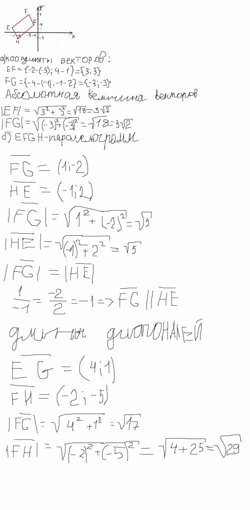 ГЕОМЕТРИЯРешите на листке и сфоткай те на слово не понимаю Даны точки:Е(-5;1) F(-2;4) G(-1;2) H(-4;-