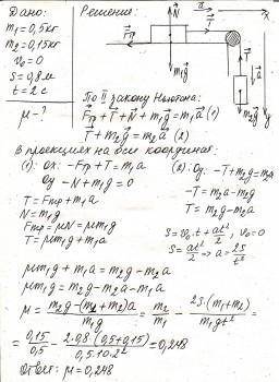 Брусок масою 500 г під дією підвішеного до нього тягаря масою 150 г подолав від початку руху шлях 80