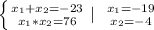 \left \{ {{x_{1}+x_{2}=-23 } } \atop {x_{1} *x_{2}=76 }} \right. | \left \ {{x_{1}=-19 } \atop {x_{2} =-4} \right.