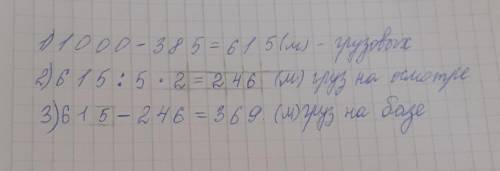 На автобазе 1000 машин. Из них 385 легковых, а остальные - грузовые. 2/5 части грузовых машин отправ