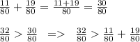 \frac{11}{80}+\frac{19}{80}=\frac{11+19}{80}=\frac{30}{80}\\\\\frac{32}{80}\frac{30}{80}\;\;=\;\;\frac{32}{80}\frac{11}{80}+\frac{19}{80}