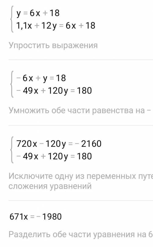 решить уравнения y= - 1,1x +12, y= - 6x+18