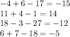 - 4 + 6 - 17 = - 15 \\ 11 + 4 - 1 = 14 \\ 18 - 3 - 27 = - 12 \\ 6 + 7 - 18 = - 5