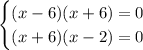 \begin{cases} (x-6)(x+6)=0 \\ (x+6)(x-2)=0 \end{cases}