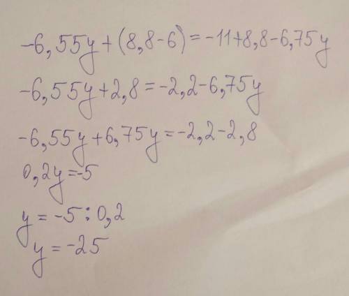Вычисли корень уравнения: −6,55y+(8,8−6)=−11+8,8−6,75y. y=