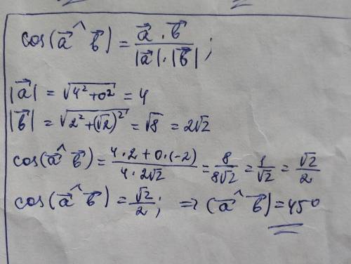 Найдите угол между векторами а (4;0) и в мне с этим заданием.